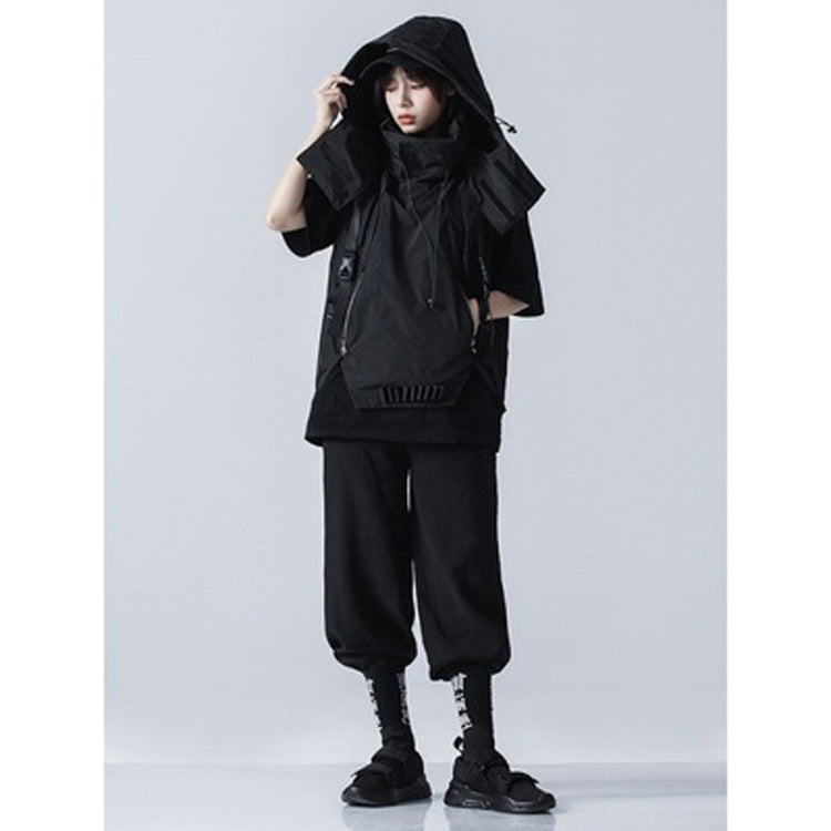 Industrial Dark Mechanical Style Hip Hop Hooded Tactical Vest Coat Men's And Women's Detachable Hat