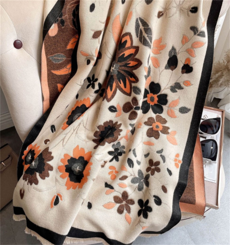 Warm Floral Jacquard Faux Cashmere Ladies Scarf