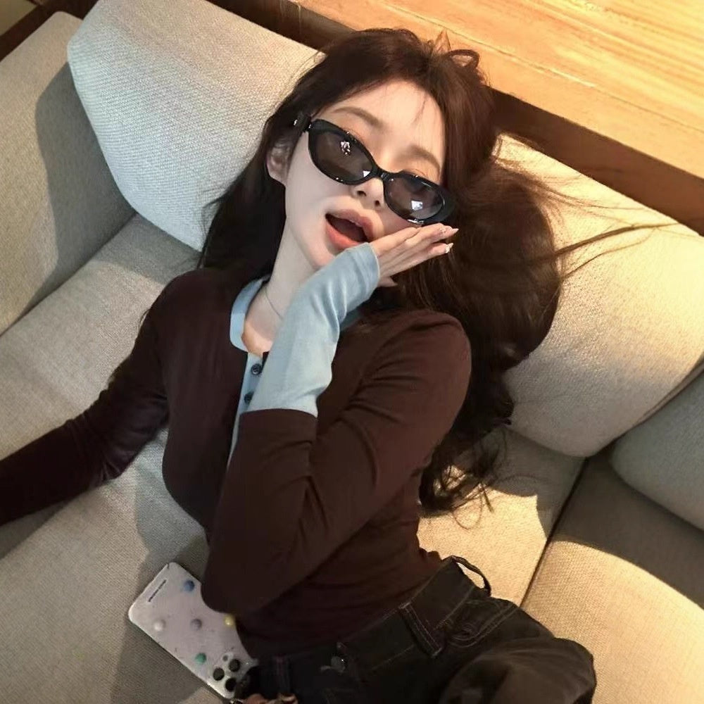 Retro Color-blocked Fake Two-piece Long-sleeve T-shirt Inner Wear