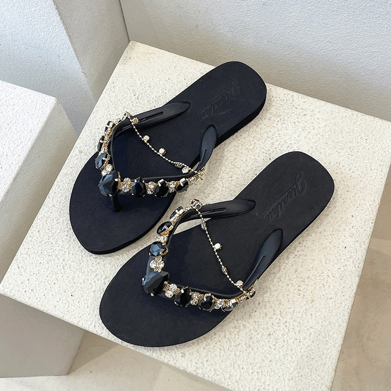 Women's Fashion Casual Rhinestone With Chain Flip-flops