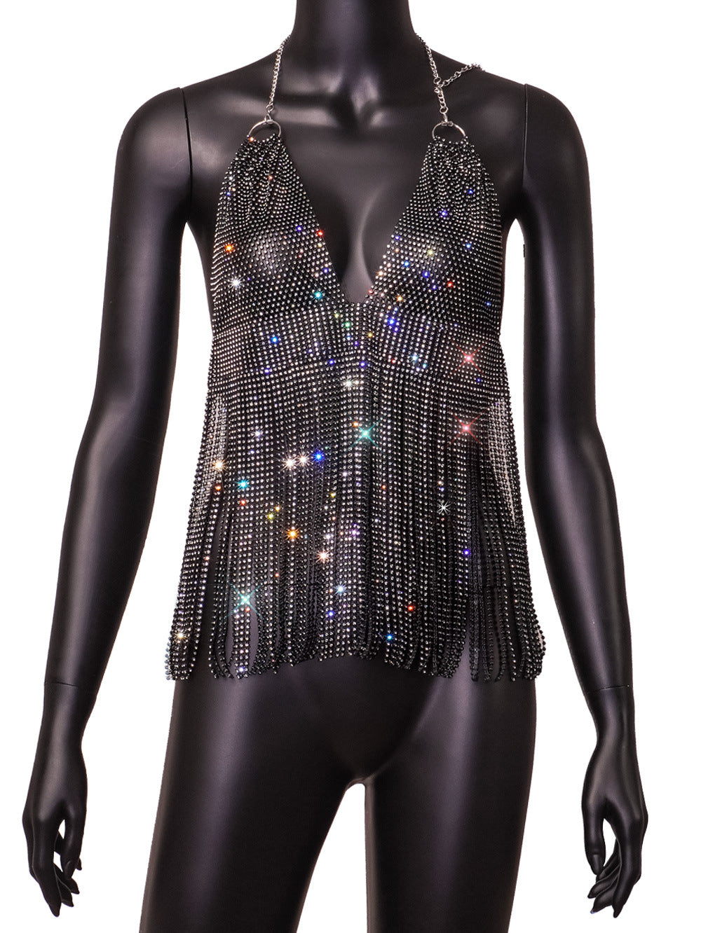 Slim Fit  Back European And American Fishnet Rhinestone Tassel Camisole