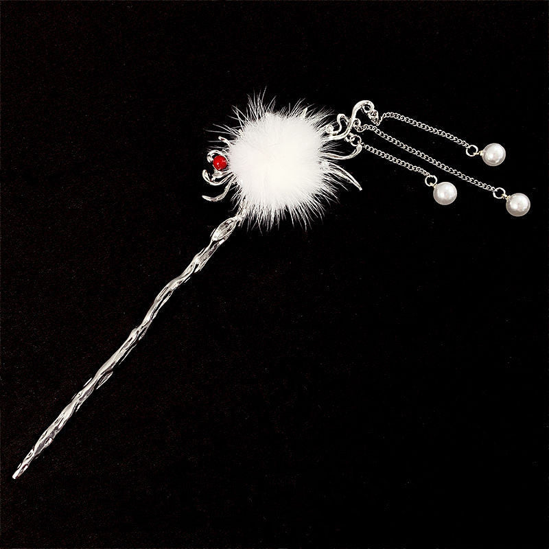 White Autumn And Winter Feather Pearl Tassel Hairpin