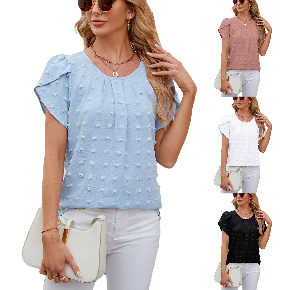 Jacquard Rundhals Blomsterærme Ensfarvet Pelskvast Chiffon Skjortebluse