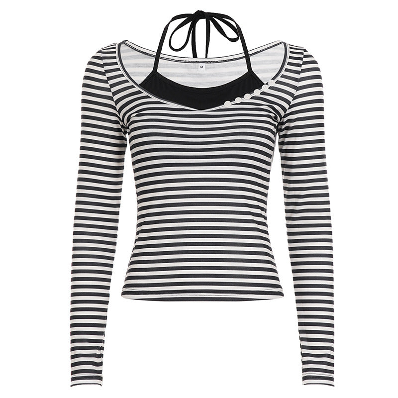 New European And American-style Striped Halter V-neck Slim-fit Long-sleeve Top
