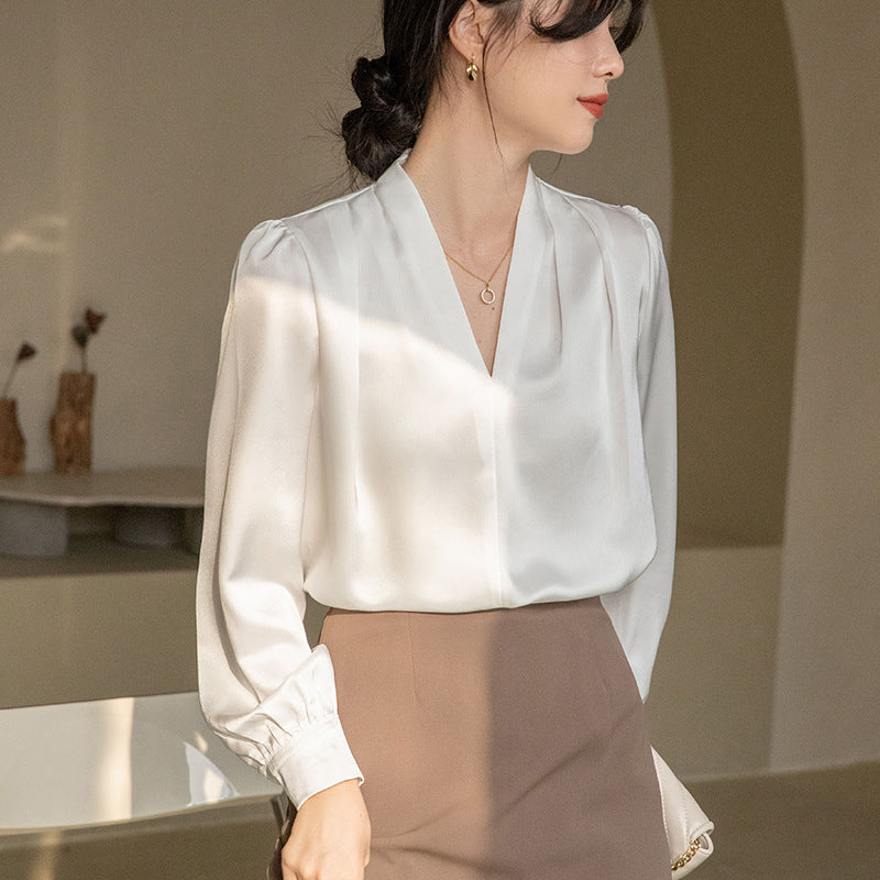 V-hals Skjorte Dame Design Acetat Satin Enkel Elegant Top