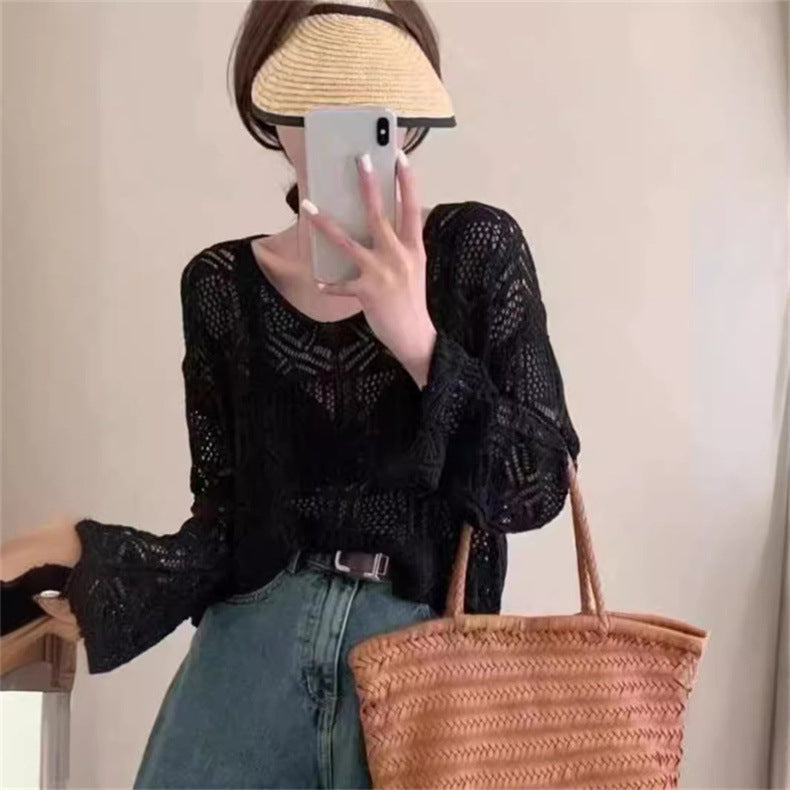 Summer New V-neck Hollowed Fashion Loose Sun-protection Shirt