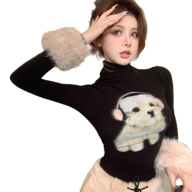 Sexy Alluring Miniature Dog-Print Turtleneck Long-Sleeve T-Shirt For Women