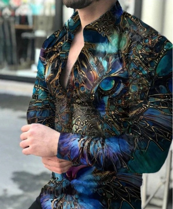 European And American New Men's Gradient Printing Long-sleeved Shirt