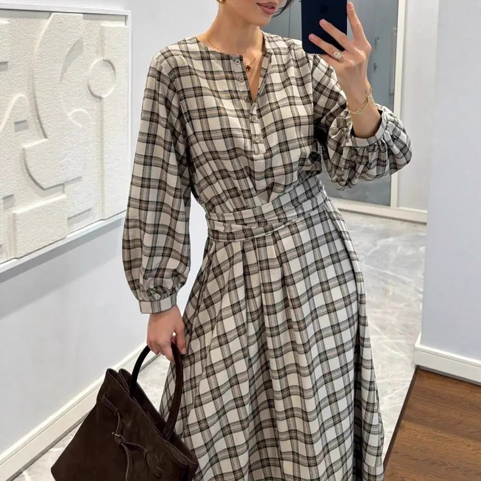 Plaid Digital Print Long-Sleeve Crew-Neck Dress