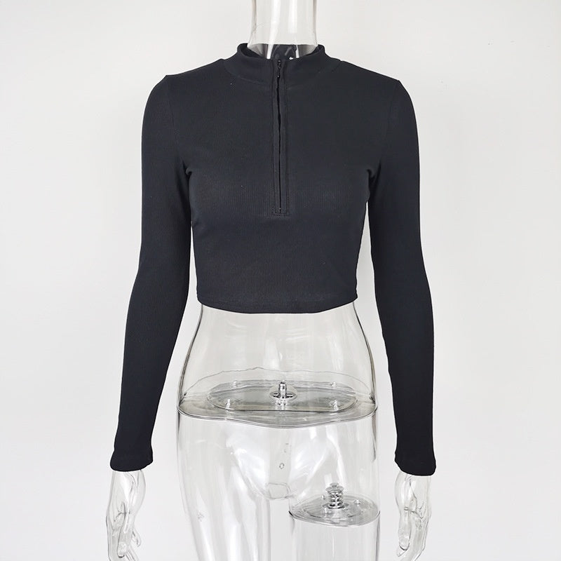 Women's Casual Solid Color Zipper Crop Slim Fit Top