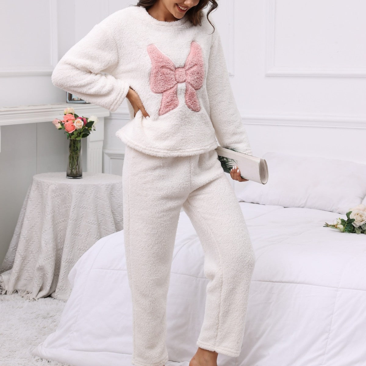 Embroidered Bow Long-sleeved Pants Two-piece Set For Casual Home Wear