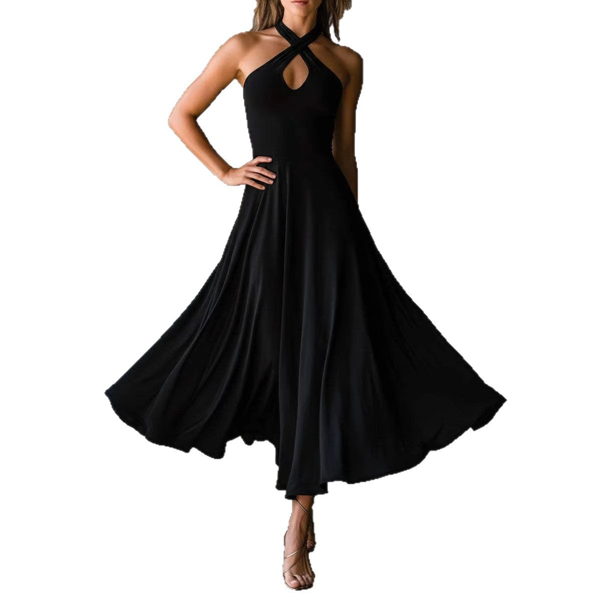 Womens Retro Elegant High-Neck A-Line Long Dress