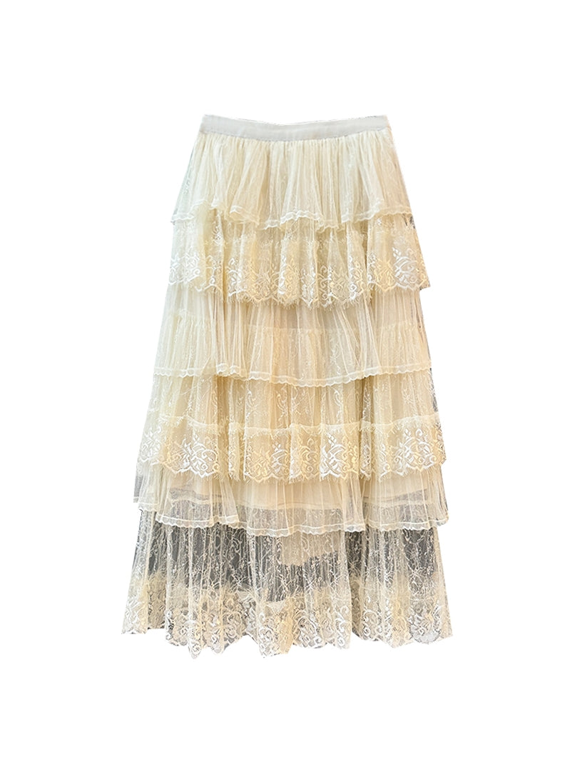 Lace Stitching Net Yarn Cake Skirt High Waist Mid-length A- Line Skirt