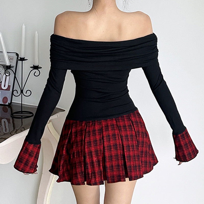 Off-the-shoulder Waist-cinched Figure-flattering Knitted Plaid Pleated Sexy Dress