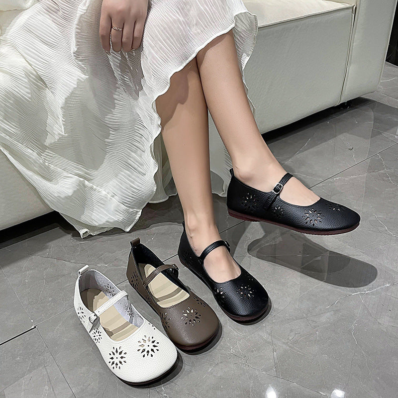 Hole Shoes Buckle Hollowed Leisure Flat Outerwear Retro Soft Leather