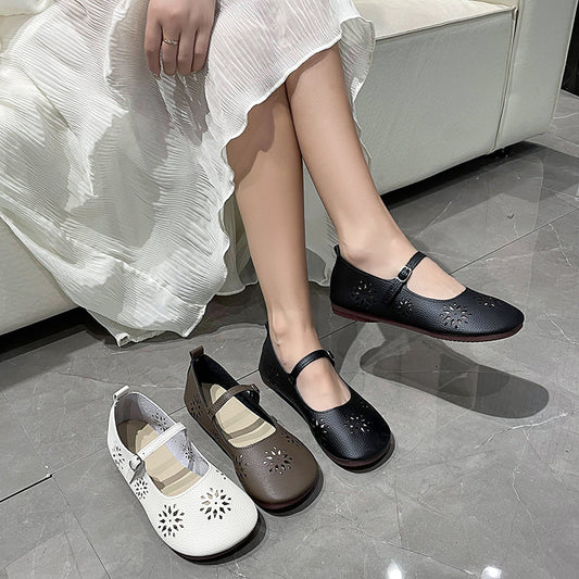 Hole Shoes Buckle Hollowed Leisure Flat Outerwear Retro Soft Leather