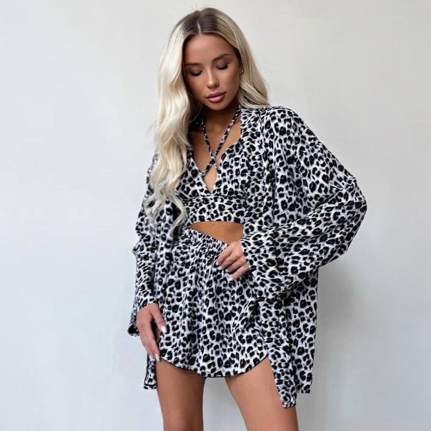 Sexy Leopard-Print Loose And Cozy Long-Sleeve Underwear And Shorts Set Loungewear