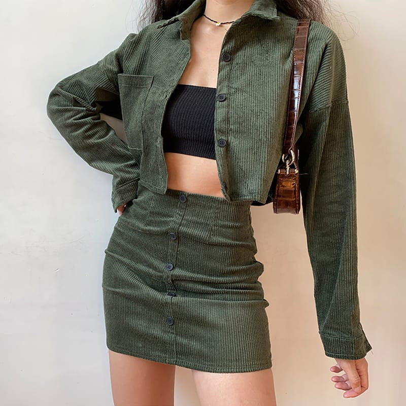 Fashion Casual Short Corduroy Jacket Skirt American Hot Girl Suit