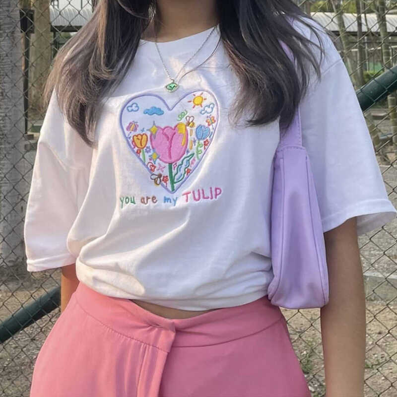 Japansk Retro Trykt Bogstav Elegant Kortærmet T-shirt til Kvinder