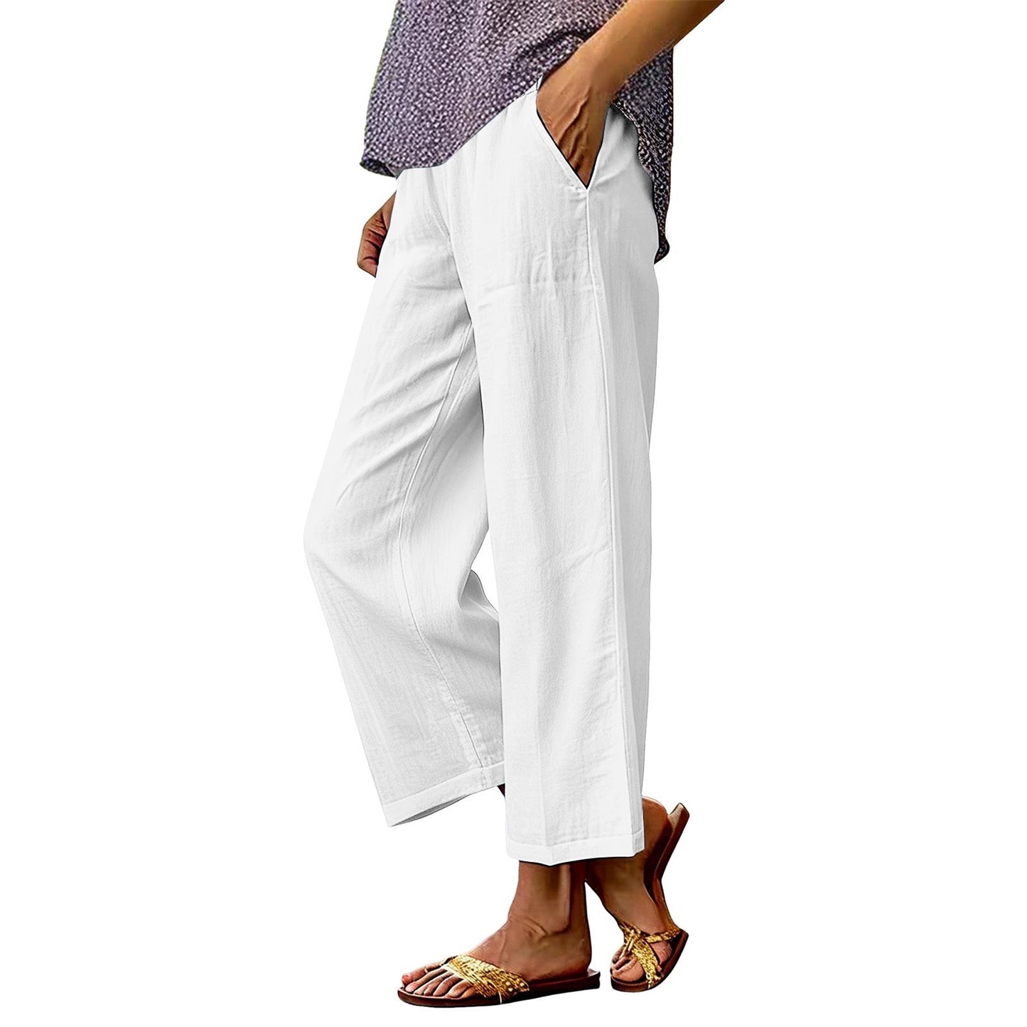 Womens Solid-Color Cotton-Linen Loose-Fit Wide-Leg Casual Pants