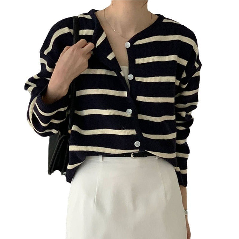 Women's Loose Striped Contrast Color Knitted Cardigan Sweater Coat