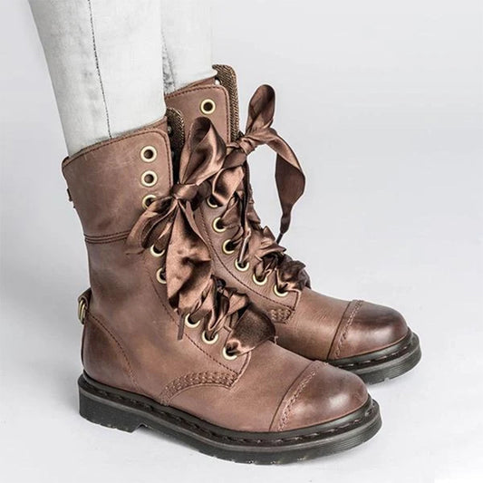 British-style Lace-up Round-toe Flat Ankle Boots For Women