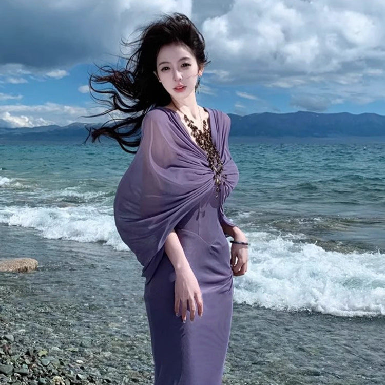 Luxury Purple Chiffon Backless Intricately Designed Irregular Dress