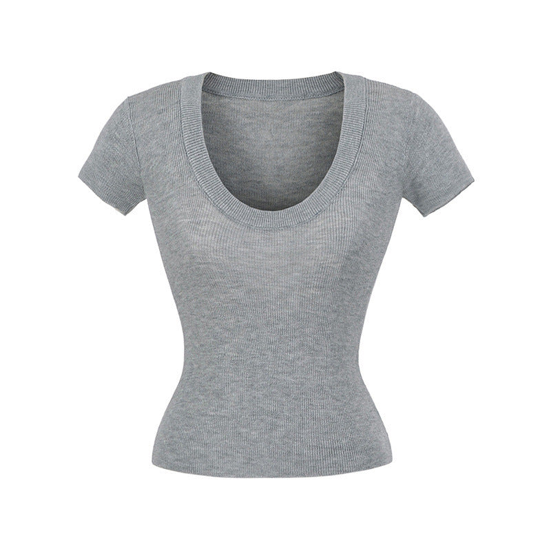 Europæisk og amerikansk stil hot girl uld scoop ensfarvet slim stretch top