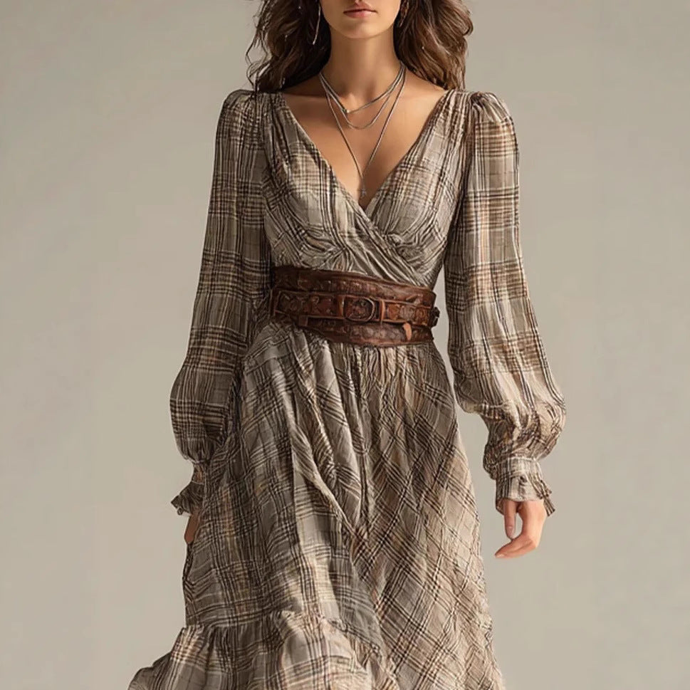 Plaid V-neck Long-sleeve Dress With Ruffled Hem