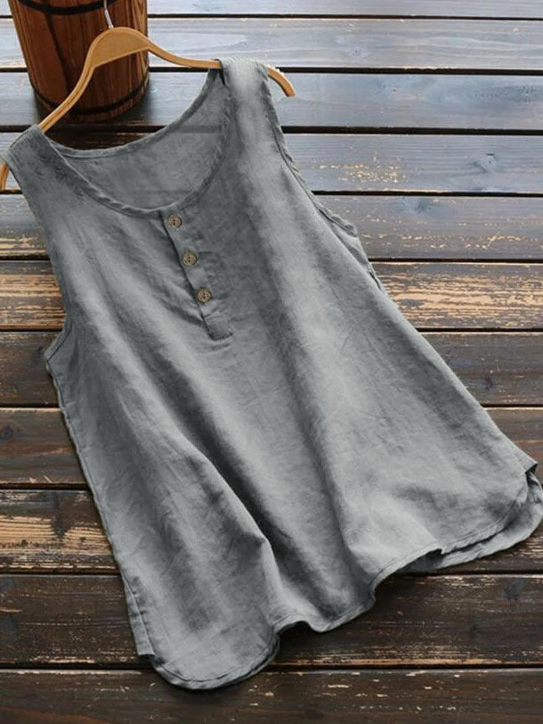 Solid Color Round Neck Loose Casual Vest Cotton Linen Shirt Women