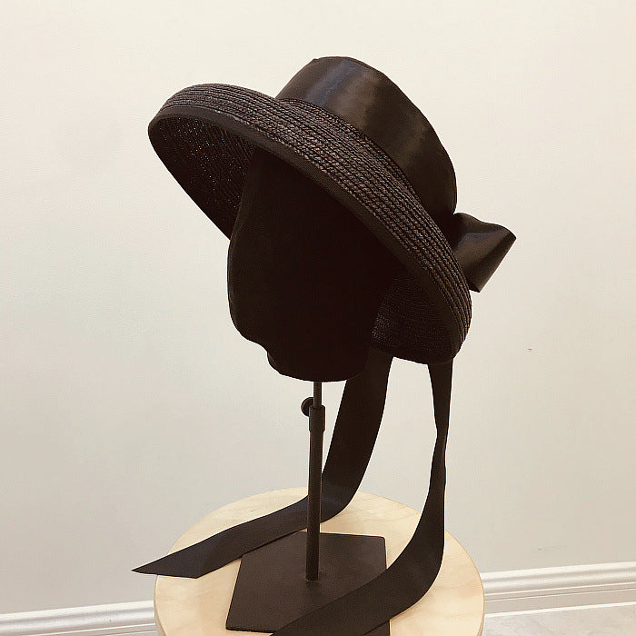 Hepburn Wind Big Ribbon Bowknot Elegant Retro Hollow Top Beach Straw Hat Girl