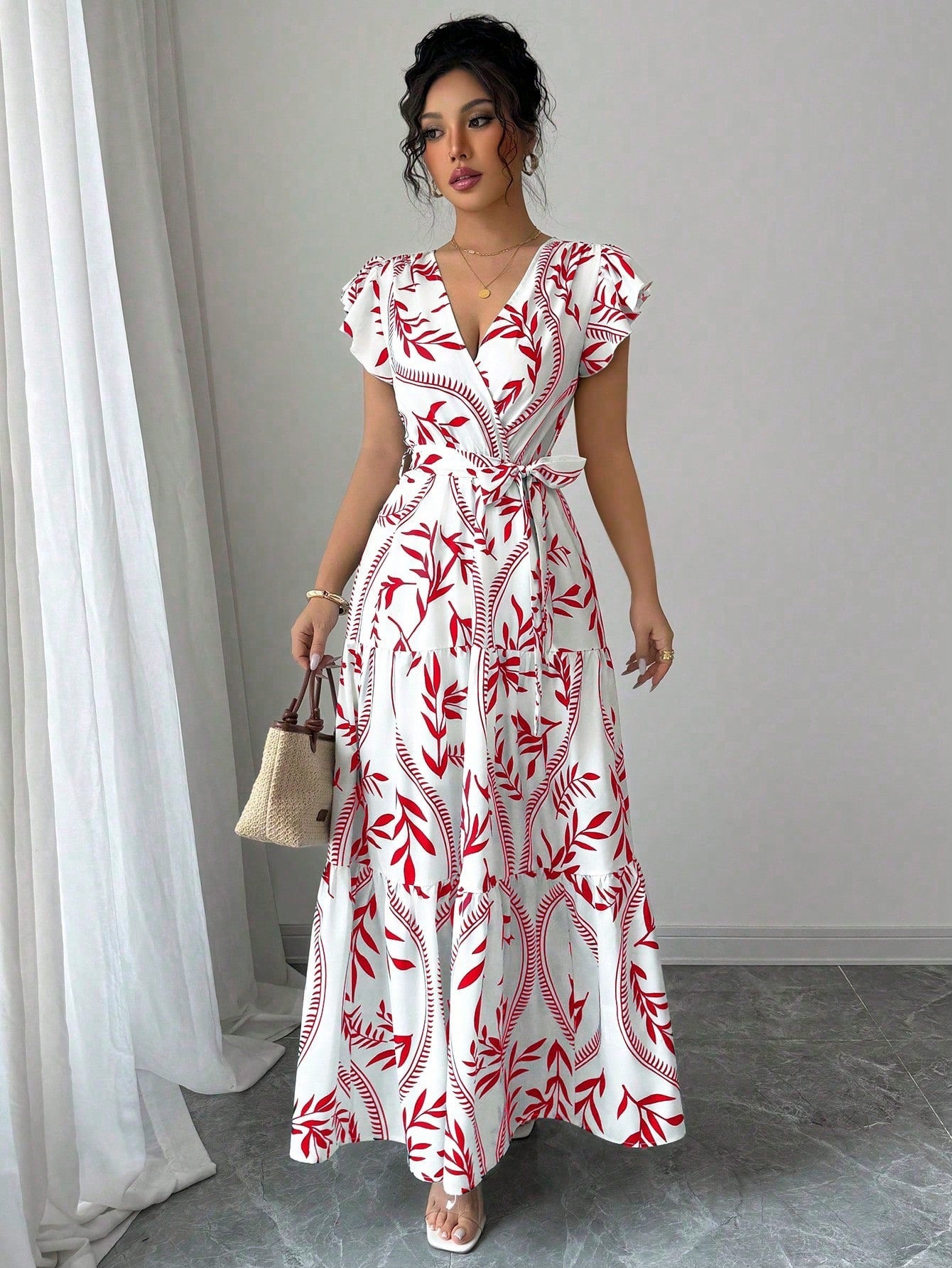 A-line Dress With Lace-up Details And Short Sleeves