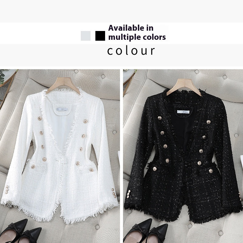 French Socialite Elegant V-neck Double-breasted Tweed Top