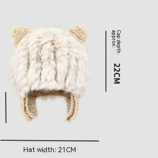 Japanese Cute Cat Ears Plush Rabbit Fur Knitted Sleeve Cap Female