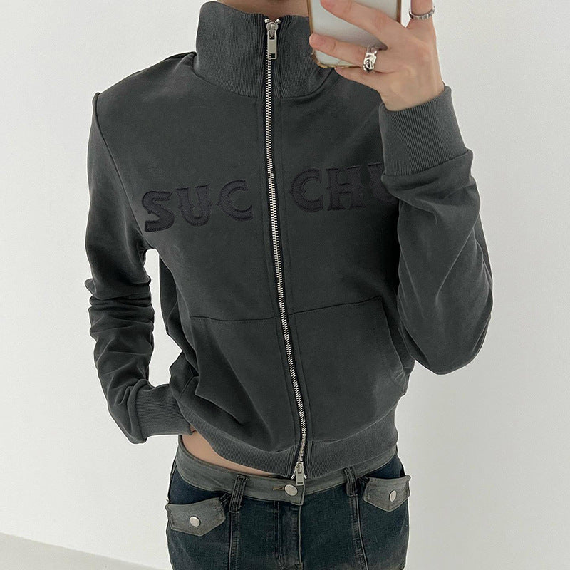 Letter Affixed Cloth Embroidered Zipper Knitted Cardigan