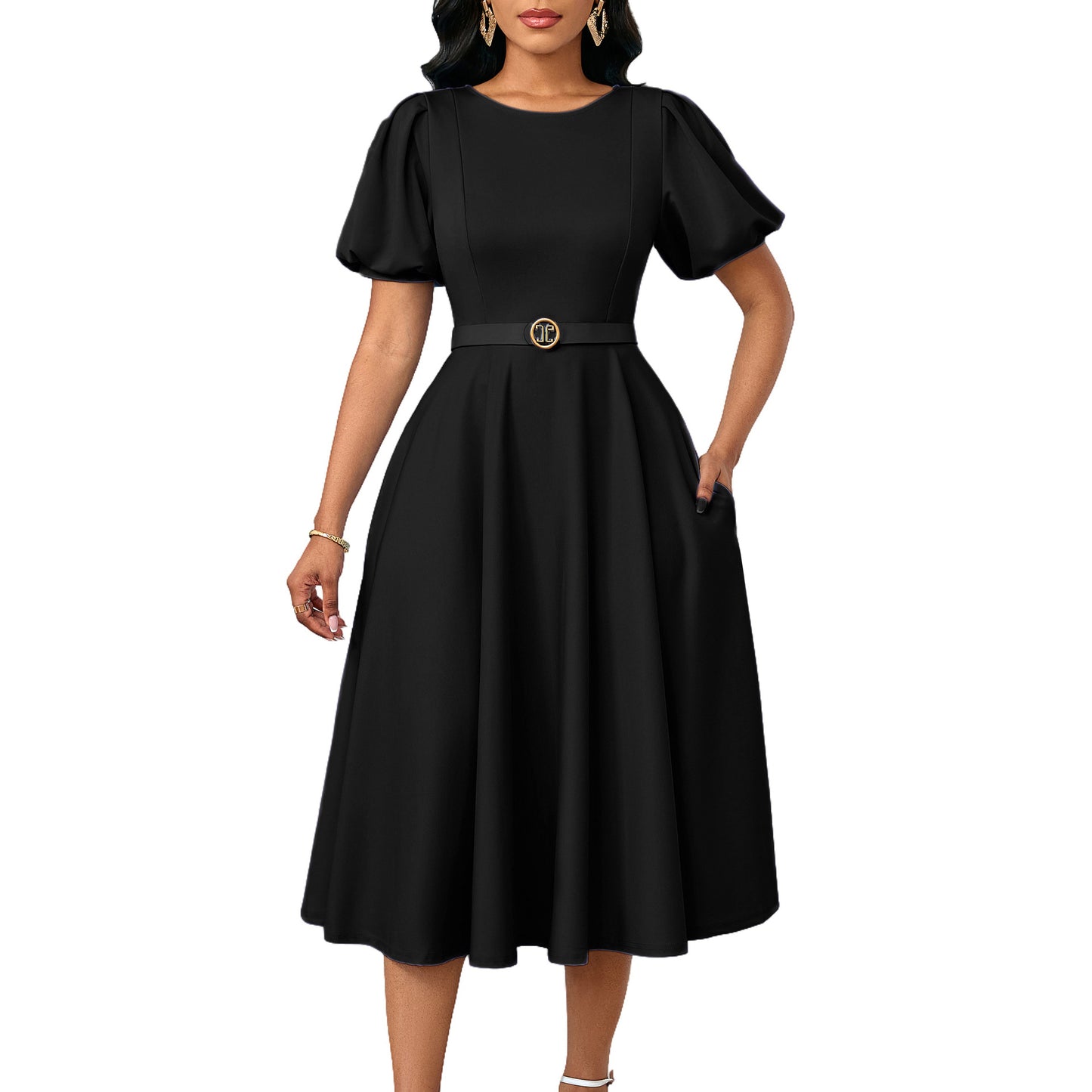 Elegant High-waisted Solid-color Round-neck Dress With Fashionable Balloon Sleeves