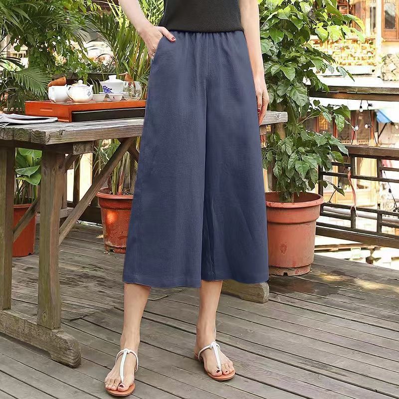 Cotton And Linen Women's Thin Loose Large Waist Elastic Wide Leg Pants