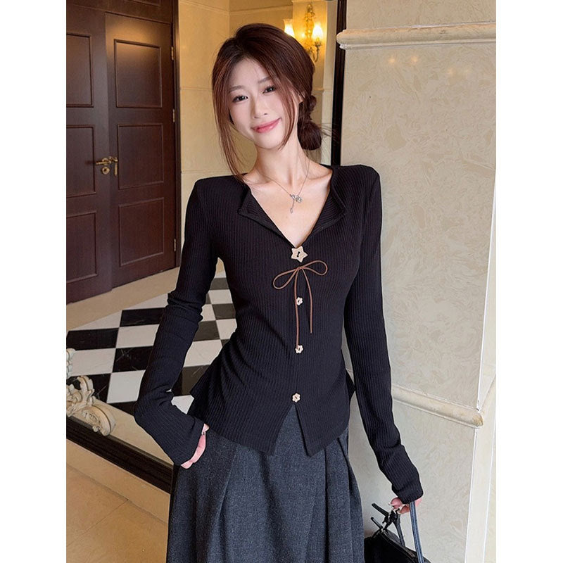 Womens French V-neck Long-Sleeve Button-Front Slim-Fit Top