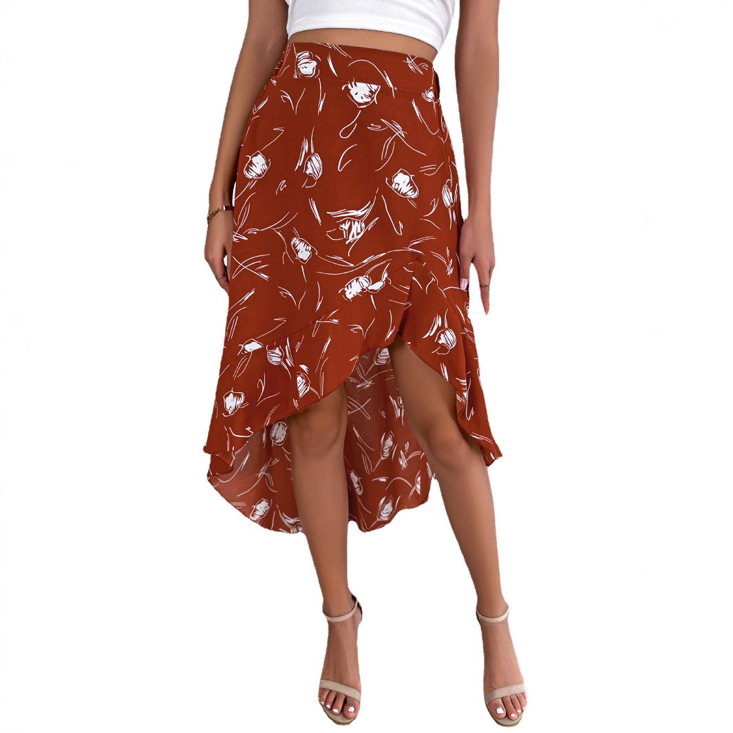 Womens Casual Mid-Length Skirt With Floral Print And Ruffled Hem