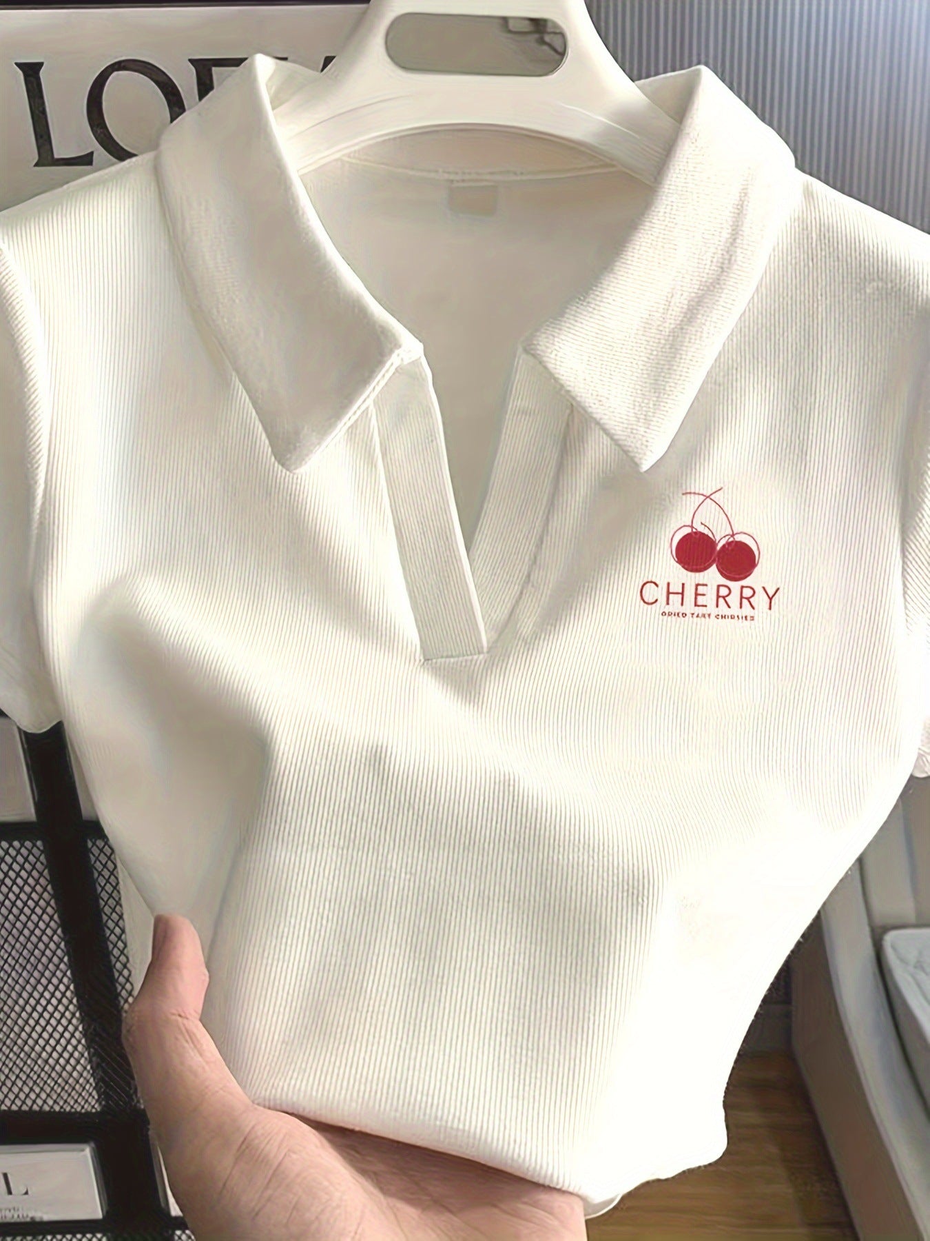 Women's Fashion Casual White Cherry Printing Lapel Short Sleeve