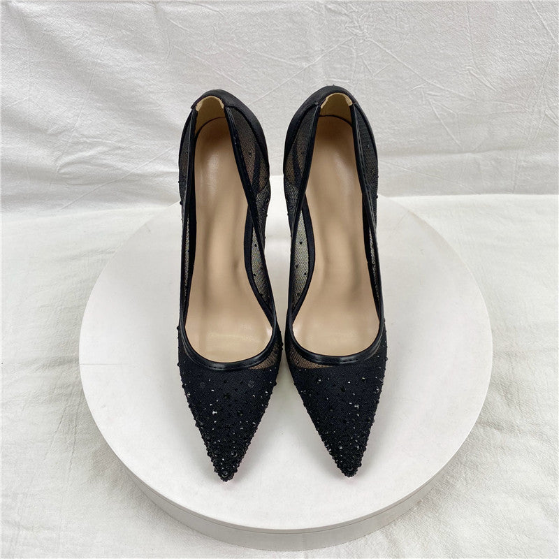 New Breathable Mesh Diamond High Heels 12CM Pointed Women's Shallow Mouth Stiletto Heels