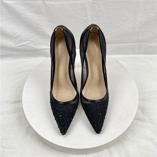 New Breathable Mesh Diamond High Heels 12CM Pointed Women's Shallow Mouth Stiletto Heels