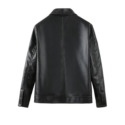 Men's Simple Casual Solid Color Windproof Handsome PU Leather Jacket Top
