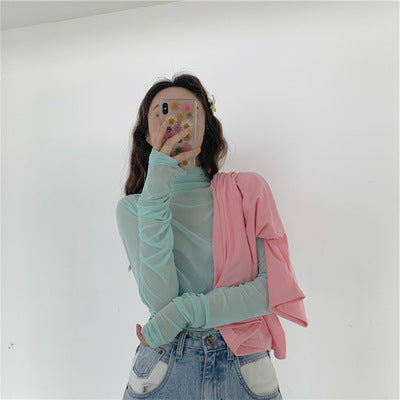 Mesh Bottoming Shirt Candy Color Cascading Collar Long Sleeve T-shirt