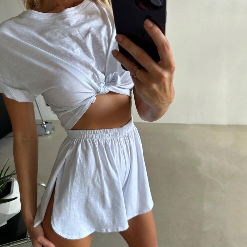 Solid-color Stylish Short-sleeve Top And Shorts Womens Loungewear Pajamas