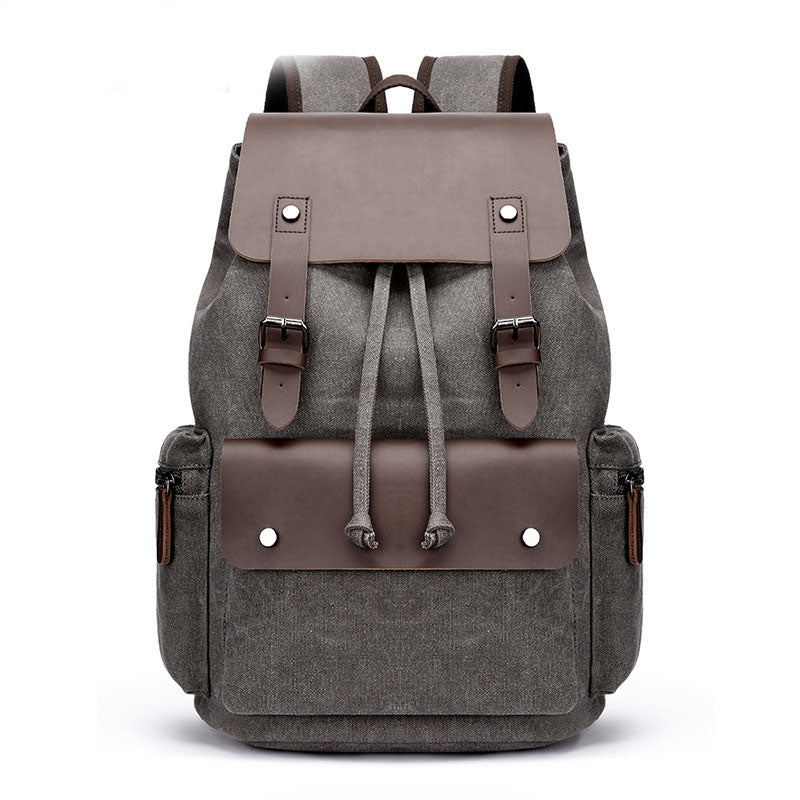 Casual Canvas Backpack Men's Business Laptop Bag With Buckle Drawstring Design