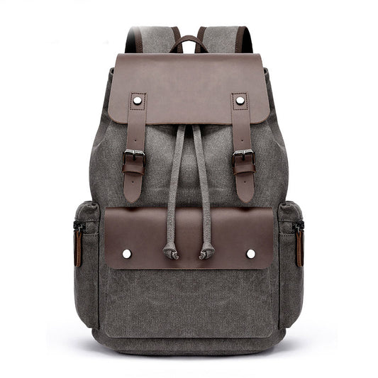 Casual Canvas Backpack Men's Business Laptop Bag With Buckle Drawstring Design