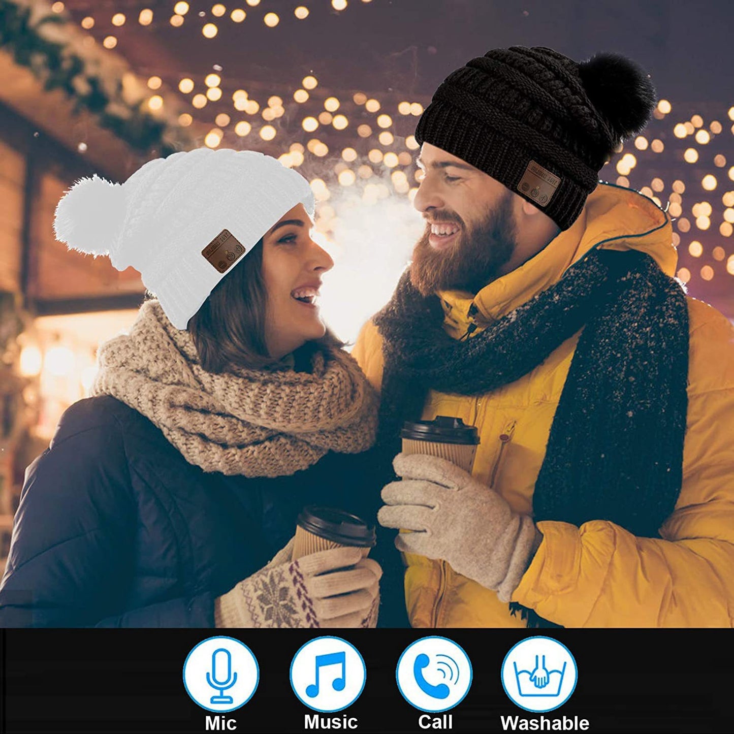 Music Plus Fluff Ball Knitted Hat Keeps Warm In Winter