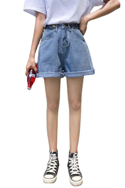 Five-point Rolled-up Wide-leg High-waisted Denim Shorts