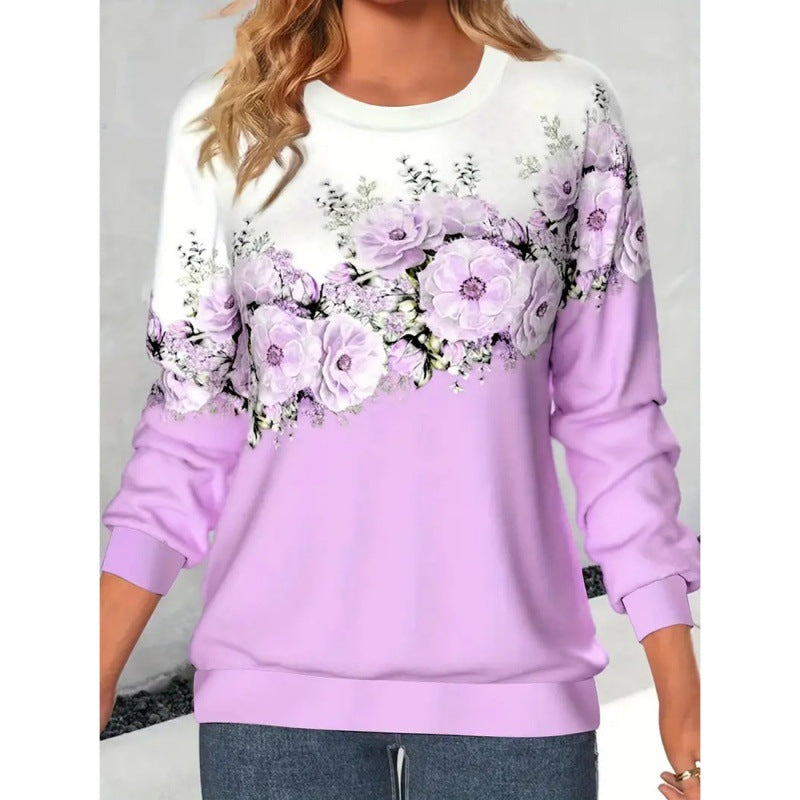 Damebeklædning Rund Hals Langærmet Blomstret 3D-printet Pullover Sweatshirt